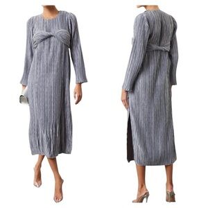 Marina Moscone Metallic Plissé Twist Midi Dress Silver Blue Size 0 NWT